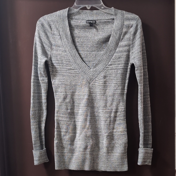 Express Metallic Silver V-Neck Sweater - Picture 1 of 6